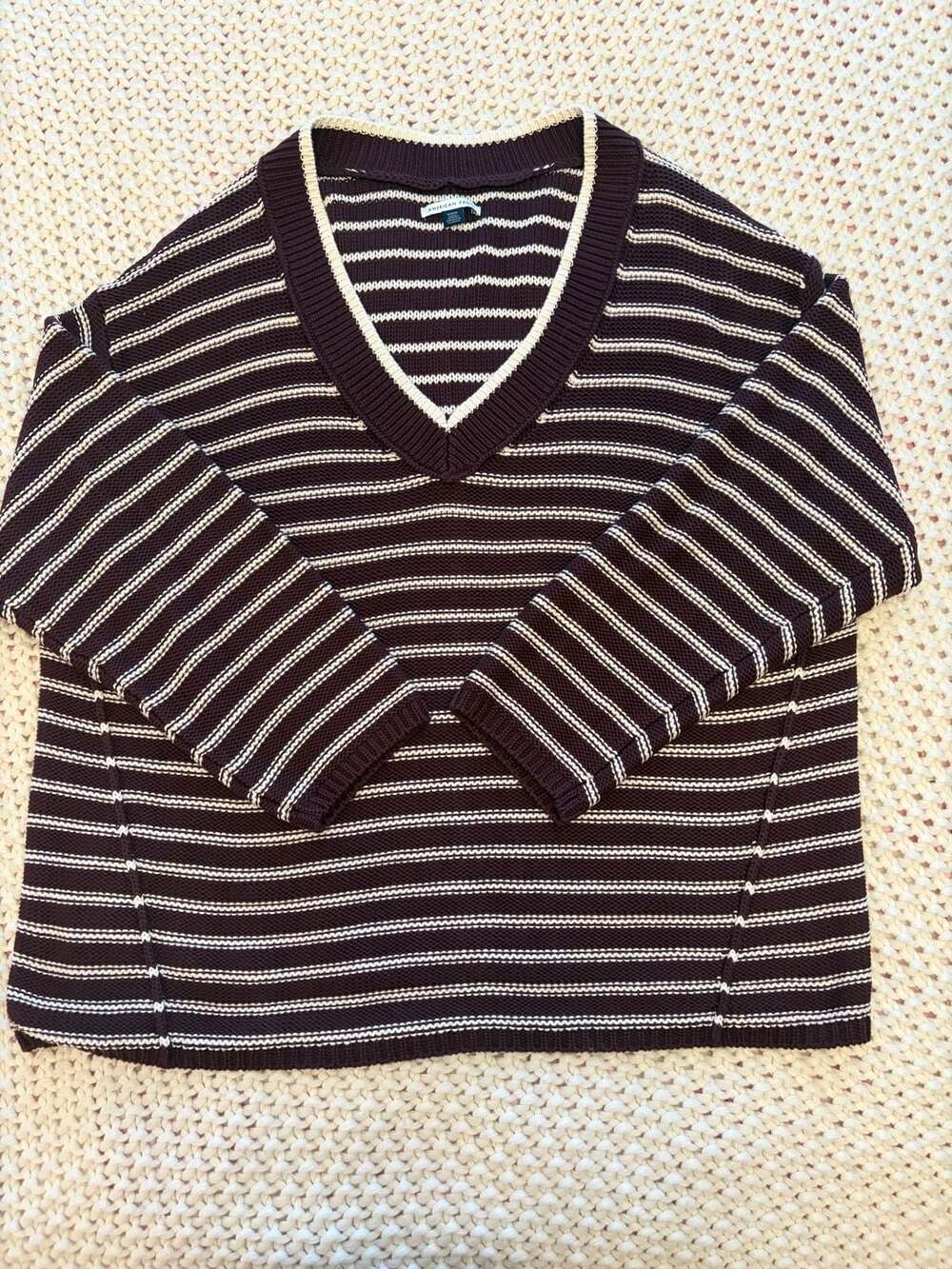American Eagle Striped V-Neck Sweater Size M Brown